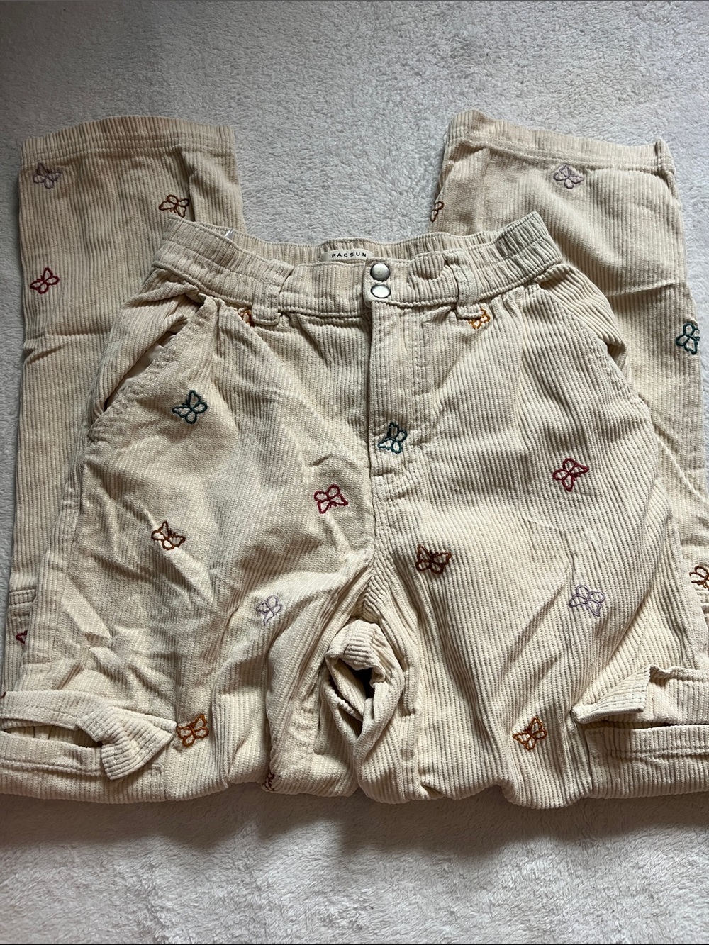 PacSun Cream Corduroy Pants with Multicolor Butterfly Embroidery